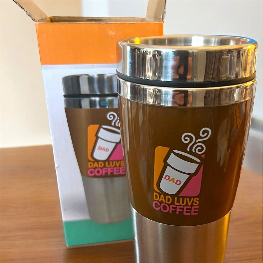 Dad Luvs Coffee Silver Travel Mug Double-Walled Insulated with Slide and Sip Lid